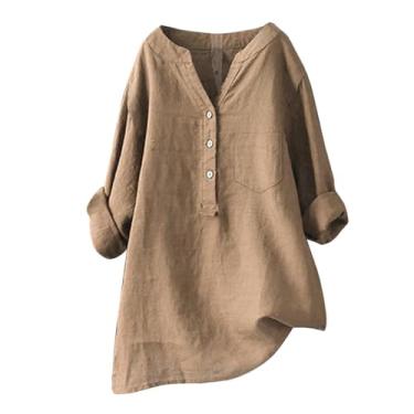 Imagem de Camiseta feminina de linho de cor sólida, manga comprida, gola V, botões, caimento solto, casual, elegante, elegante, Caqui, XG