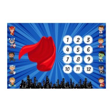 Imagem de Lençol Cenário Tapete Foto Mêsversário Bebê Herói Com Capa Painel Temático, Acompanhamento Mensal, Fundo Fotográfico Infantil com Marcador MDF