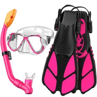 Imagem de Adicop Conjunto de máscara infantil com snorkel para meninos e meninas de 3 a 7 anos com máscara de snorkel panorâmica, óculos de mergulho, snorkel seco e nadadeiras ajustáveis para mergulho livre