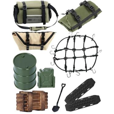 Imagem de RCHuiWow RC Upgrades Part Axial SCX24 1/18 Trx4m,Luggage Net,Sleeping Bag,Luggage,Decorative Package,Wood Box,Fuel Tanks,Sand Ladder,Oil Drum, Shovel,Black