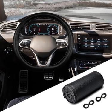 Imagem de CHRYMUM Capa de volante de couro genuíno, costura no envoltório, protetor de volante de carro antiderrapante respirável para diâmetro máximo de 38 cm, serve para carro, caminhão, SUV barco, costura