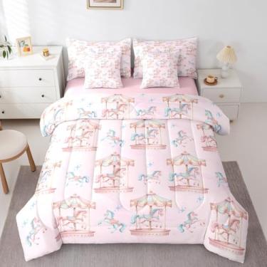 Imagem de Manfei Conjunto de cama romântico de unicórnio em uma bolsa, 7 peças, carrossel de parque de diversões, estilo princesa, conto de fadas, cavalo, azul, rosa, edredom com elástico, lençol de cima,