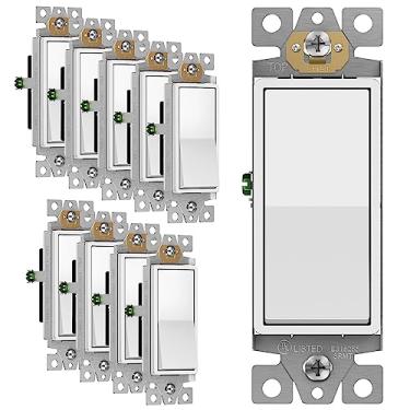 Imagem de ENERLITES Interruptor de luz decorativa Paddle, acabamento brilhante, haste única, 3 fios, parafuso de aterramento, nível residencial, 15A 120V/277V, certificado UL, 91150-W-10 peças, branco (pacote com 10)