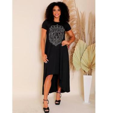 Imagem de Vestido Midi Mulet Estampa Leão Coroa em Strass - DELUTHI, G, Preto