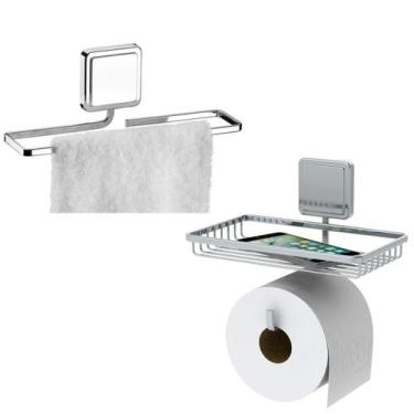 Imagem de Kit Suporte Toalheiro 25cm Porta Papel Higiênico e Objetos Adesivo De 