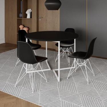 Imagem de Mesa Industrial Jantar Redonda Preta 110cm Base V com 4 Cadeiras Eames