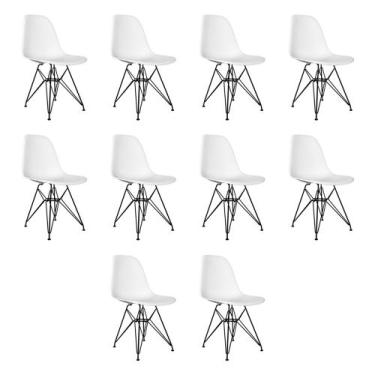 Imagem de Kit 10 Cadeiras Jantar Assento Branco Eiffel Eames Base Ferro Preto - 