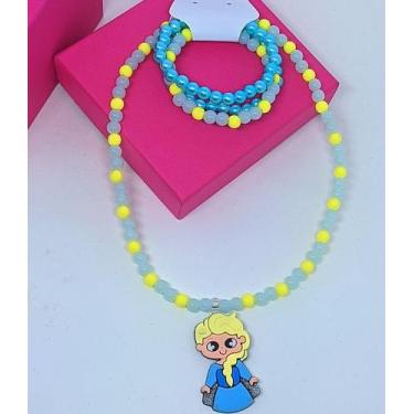 Imagem de Kit Conjunto Colar e Pulseiras Miçangas Coloridas Pingente Disney 3D F