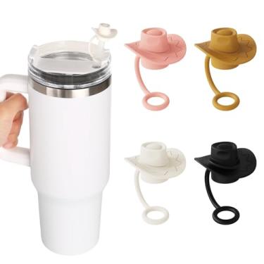Imagem de EDIMENS Pacote com 4 capas de chapéu de cowboy de silicone para copos Stanley de 6 a 10 mm 30 1,134 g, bonito chapéu de palha de caubói bonés de palha copos reutilizáveis acessórios de bebida para