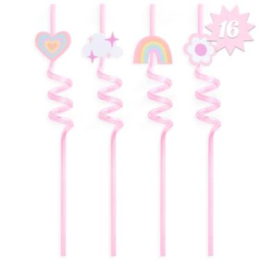 Imagem de xo, Fetti Decoração de festa conjunto reutilizável de palha de flor de coração arco-íris - 16 peças | Decorações de aniversário de arco-íris, aniversário com tema de unicórnio, utensílios de bebida