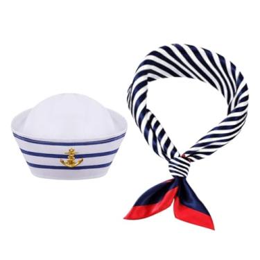 Imagem de Conjunto de chapéu de marinheiro e cachecol de capitão de iate, chapéu de marinheiro, boné de barco navvy rock, fantasia para mulheres e homens, capitães, festa de fantasia, Branco, standard
