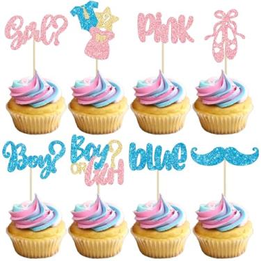 Imagem de Gyufise 24 peças de enfeite de cupcake para menino ou menina glitter bigode cílios revelação gênero palitos de cupcake rosa ou azul decorações de bolo para chá de bebê revelação de gênero suprimentos de festa de aniversário