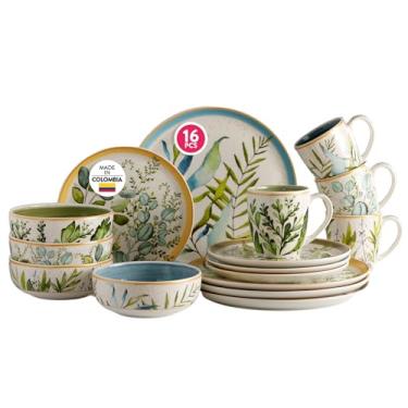 Imagem de Conjunto de louça Corona de 16 peças, conjunto de pratos e canecas, conjuntos de cerâmica para 4, pode ser colocado no micro-ondas e na lava-louças, design floral italiano Siena