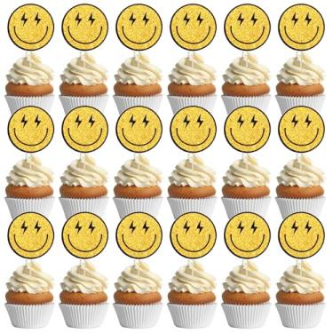 Imagem de Whaline 36Pcs One Happy Dude Birthday Cupcake Toppers Smile Face Cupcake Toppers Glitter Yellow Paper Cake Decor Cute Hippie Cupcake Picks for Party Dessert Snack Supplies Photo Booth Props