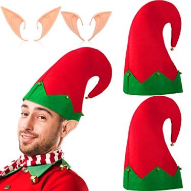 Imagem de 4 peças de chapéus de elfo de Natal e orelhas de elfo, fantasias de personagens de Halloween de elfos de Natal, acessórios de orelhas falsas, Vermelho, verde e cor da pele