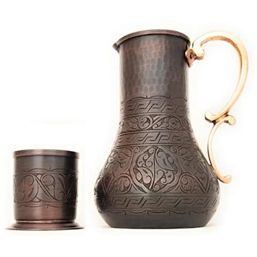 Imagem de DEDE Copper - Série KBS – Jarra de 1,275 g e copo de 218 g, cobre sólido puro gravado e martelado feito à mão, jarro de coquetel Moscow Mule, jarra de água noturna para mesa/cabeceira e copo