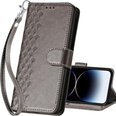 Imagem de SASYMALY Capa carteira para iPhone 14 Pro Max, capa flip com suporte para mulheres e homens, capa de telefone de couro PU adequada para iPhone 14 Pro Max de 6,7 polegadas [cubo cinza]