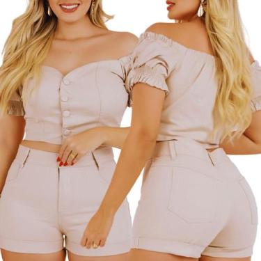 Imagem de Conjunto Jeans Feminino Short Barra Dobrada Cintura Alta 2 Peças Stand