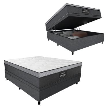 Imagem de Cama Box Baú Casal Colchão Gazin Maximus Molas Ensacadas 138x188x65cm Linho Grafite / Preto - Suport