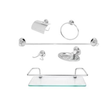 Imagem de Kit Acessório Para Banheiro Inox 6 Peças Com Porta Shampoo Reto - EVM 