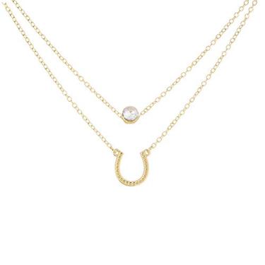 Imagem de JczR.Y Colar de ferradura de cristal, pingente de ferradura de camada dupla, corrente de clavícula curta, colar de cavalo, gargantilha para mulheres, meninas, moda, joia da sorte, presente, metal,