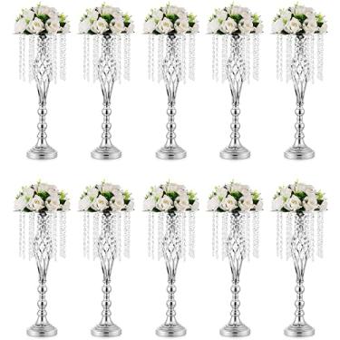 Imagem de Inweder Decoração de mesa para peça central de casamento - 10 peças de vaso de prata para peças centrais com cristais de lustre, vaso de flor de 55 cm de altura, suporte de flores de metal para casamento, para eventos, aniversário, decoração de casa