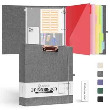 Imagem de Ospelelf Organizador de fichário com 3 anéis de 5 cm com bolsa com zíper, 5 pastas de plástico com 10 bolsos, pranchetas de linho para tamanho carta (21,6 cm x 28 cm), fichário escolar de capa dura,