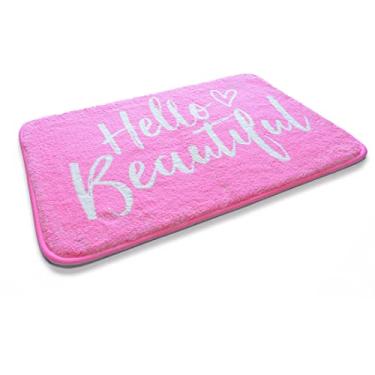 Imagem de Planzo Hello Beautiful Tapete de pelúcia para banheiras absorvente casa de banho meninas quarto apartamento aconchegante tapete felpudo antiderrapante decoração de chão 61 cm x 40 cm rosa durável