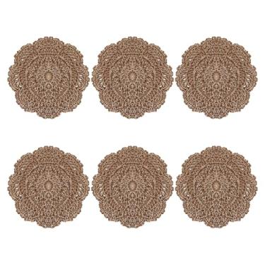 Imagem de pson 6 peças de toalhas redondas de crochê de 10 cm, porta-copos artesanais marrons, jogos americanos de mesa de renda para festas, aniversários, mesas de jantar