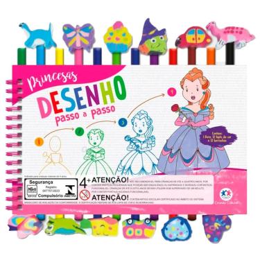 Imagem de Livro com Desenhos Passo a Passo para Colorir Princesas + 12 Lápis de Cor