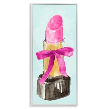 Imagem de Stupell Industries Design de arte de parede giclée emoldurado com batom e laço rosa por Lanie Loreth, moldura branca, 25 x 61 cm