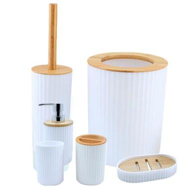 Imagem de Kit Banheiro Luxo Lavabo Lixeira Escova Conjunto 6 Pçs Bambu - Bmax, B
