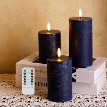 Imagem de AFINETH Velas de pilar sem chamas azuis Nave, velas de cera operadas por bateria com controle remoto, velas cintilantes sem chama de topo plano, velas de LED para casa, casamento, decoração de festa,