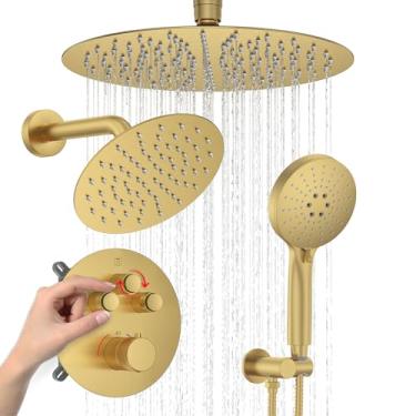 Imagem de Iriber Sistema De Chuveiro Termostático Com Desviador De Botão De Pressão De Fluxo De Água Ajustável, Conjunto De Torneiras De Chuveiro Duplo Redondo Com Pulverizador Manual, Kit De Acabamento De V