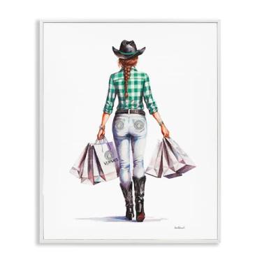 Imagem de Stupell Industries Country Cowgirl Shopper Design de arte de parede giclée emoldurado branco por Amanda Greenwood, 28 x 35