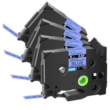 Imagem de POPOBUY Fita azul laminada TZ TZe 9 mm 0,9 cm compatível com Brother P Touch TZ521 TZ-521 TZe-521 TZe521 TZe521 para PTD210 D400AD D600 PT-H100 PTH110 PT1290 PT-1230PC, pacote com 4 preto sobre azul