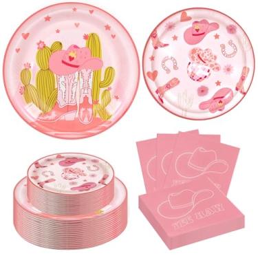 Imagem de RVXHUA 150 peças de decorações de festa de aniversário de vaqueira - pratos e guardanapos de papel com tema ocidental para 50 convidados, suprimentos de mesa descartáveis para o oeste selvagem, chá de