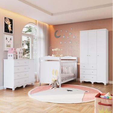 Imagem de Quarto de Bebê Completo Guarda-roupa 3 Portas Cômoda e Berço Minicama 100% Mdf Nina Espresso Móveis Branco Brilho