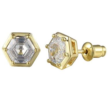 Imagem de [RIZILIA BEEHIVE] Brincos hexagonais perfurados com pedra preciosa de corte personalizado 2CT 6mm [zircônia cúbica branca] em ouro 18K, 8mmx7mm, Latão, Zircônia cúbica