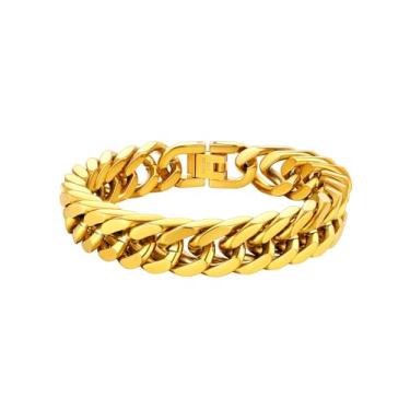 Imagem de ChainsHouse Pulseira de elos cubanos de aço inoxidável, 8 mm/12 mm/17 mm de largura, 19 cm/21 cm/22,8 cm, pulseiras de corrente banhada a ouro 18K para homens e mulheres, caixa de presente, 23 cm, Metal