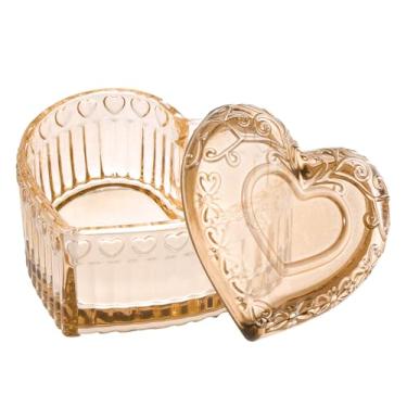 Imagem de WHJY Caixa de joias de vidro para meninas, recipiente em forma de coração, com tampas, pequeno organizador de bugigangas decorativas para decoração de quarto, jarra de armazenamento amarelo cristal