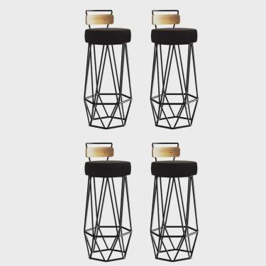 Imagem de Kit 04 Banqueta Com Encosto Botti Hexágono Cozinha Peroba Rosa Ferro Preto Corino Marrom - Ahz Móveis