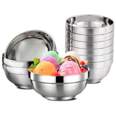 Imagem de Cheardia Pacote com 10 tigelas de lanche de aço inoxidável de 12 cm, tigela de metal de 425 g, tigela de salada pequena de parede dupla para molhos, arroz, macarrão, sorvete