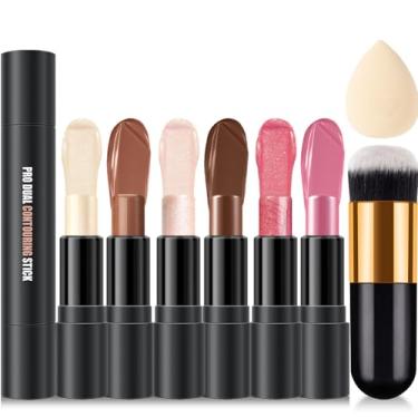 Imagem de Kit de maquiagem em bastão de contorno creme com 6 cores, tons com iluminador, blush, bastão de contorno bronzeador para esculpir as bochechas, de longa duração, à prova d'água, acabamento fosco e