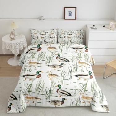 Imagem de Feelyou Conjunto de edredom solteiro fofo de pato selvagem, caça, pato selvagem, para meninos, adolescentes, caçar e pescar, 3D, conjunto de edredom verde e branco para decoração de quarto