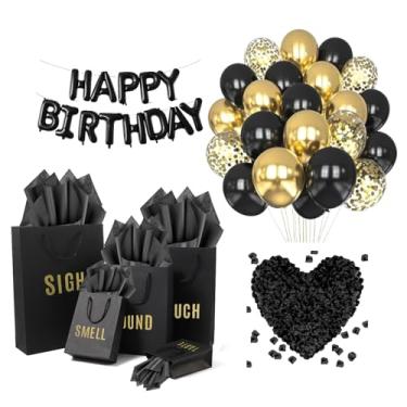 Imagem de YIXAXKAO Sacos de presente 5 sentidos para ele Five Senses sacos de presente com papel de seda sacos de papel de alça preta para presentes de aniversário para marido namorado (preto dourado)