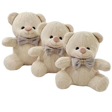 Imagem de Trio de Ursos Tricot Pelúcia Glamour com laços para nichos e decoração infantil (22, 18 e 15cm) (Trio Cinza)