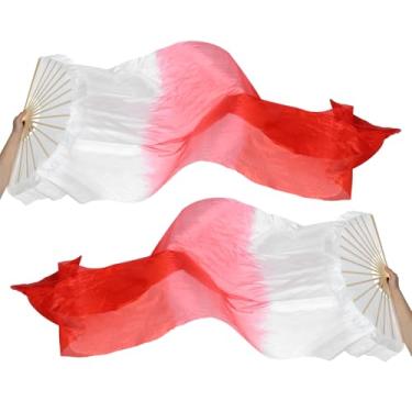 Imagem de PATIKIL Véu de seda para 16 leques de dança do ventre 150 cm, 1 par (esquerda + direita) ventilador de dança longo dobrável de madeira para apresentação de dança, branco vermelho claro vermelho