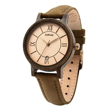 Imagem de Zeitholz Relógio de madeira feminino, relógio de madeira, presentes, relógio analógico, data, nova coleção Rosenbach de 36 mm, madeira natural, movimento de quartzo japonês, pulseira de couro., Marrom