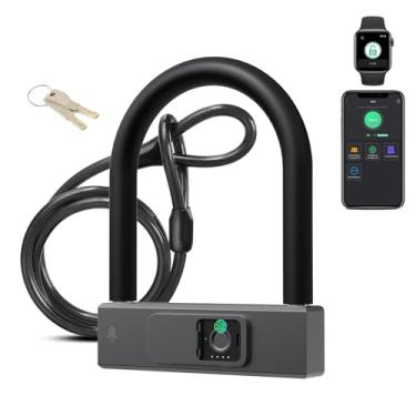 Imagem de Trava em U para bicicleta inteligente com cabo eLinkSmart com impressão digital resistente em U, manilha de 18,4 mm, cabo de 1,5 m com suporte de alça para estrada, montanha, bicicleta elétrica